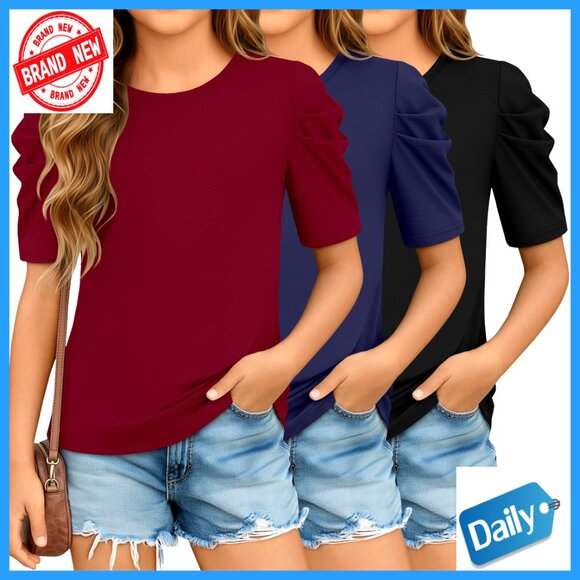 Girls Puff Sleeve Short Sleeve Tees 3 Pack Sizes 5-14 Years Summer Tops